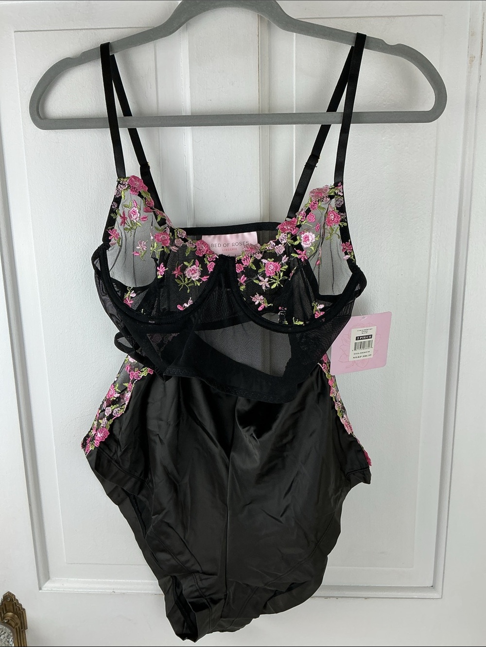 Bed of Roses Women’s Black Satin Lingerie Set Corset Top Cami Shorts Sleepwear